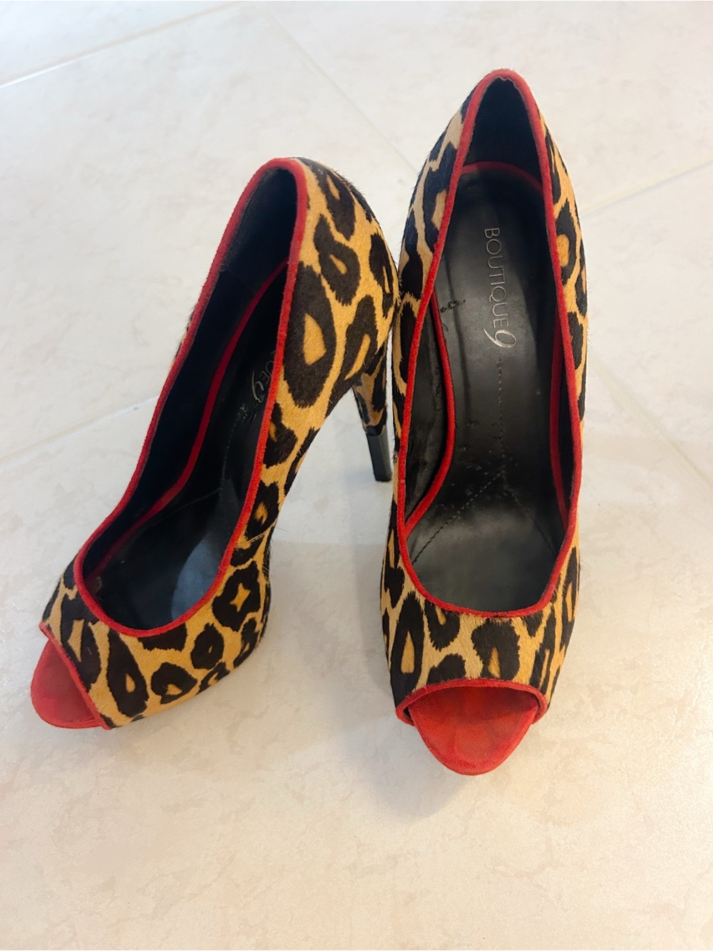 Boutique 9 Leopard Print Peep-Toe Heels with Red Trim
